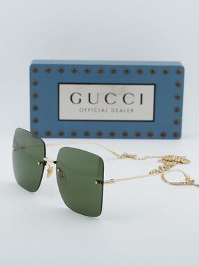 Gucci GG1147S 002 Women Butterfly Rimless Sunglasses - Gold with Chain / Green